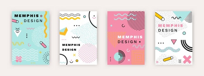 abstract posters memphis shapes. set geometric circle triangle elements hipster style. retro geometry banner design, concept vector illustration isolated on pastel background