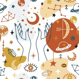 magical seamless pattern. mystic vector items, moon, hands, crystals, planets. doodle astrology style.