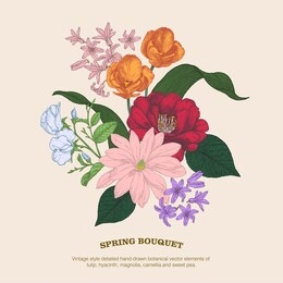 victorian retro encyclopedia-style hand-drawn botanical vector elements of tulip, hyacinth, camellia, sweet pea, and foliages.