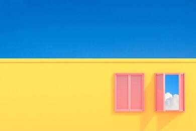 minimal abstract building with pink window on blue sky background, architectural design with shade and shadow on pink texture. 3d rendering.