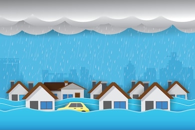flood natural disaster with house, heavy rain and storm , damage with home, clouds and rain, flooding water in city, flooded house.