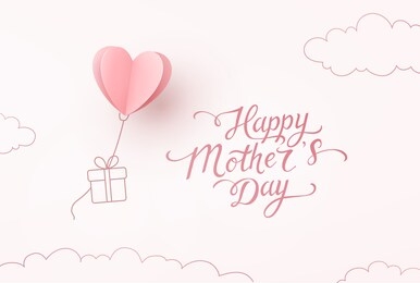 mother's day greeting card. vector flying heart balloon with gift box and happy mother's day calligraphy on pink sky background