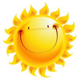 shining yellow smiling sun cartoon character as weather sign temperature