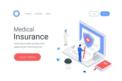medical insurance isometric concept. patient signs a contract with medical insurance company. trendy flat 3d isometric style. landing page template. vector illustration.