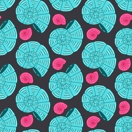 blue and pink spiral sea shells. underwater clam illustration on black background. vector seamless pattern. design for postcard, banner, card. cartoon style.
