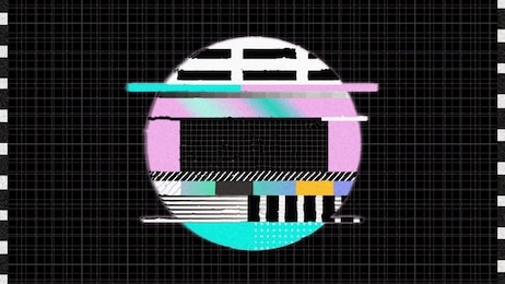 90s analog television tv test card vhs glitch pattern loop (transparent background) with rainbow multi color bars and geometric retro vintage shapes