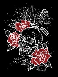black background, vector illustration, skull, red roses
