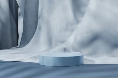 cosmetic podium for product presentation. blue podium and curtain with soft shadow. 3d rendering - illustration.