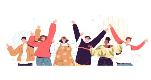 group portrait of smiling teenage boys and girls or school friends standing together, waving hands. happy students isolated on white background. vector illustration.