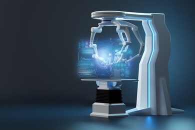 robot surgeon, robotic equipment. minimally invasive surgical innovation with three-dimensional overview. technology, the future of medicine, surgeon. 3d render, 3d illustration