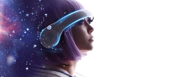beautiful woman with purple hair in futuristic costume over white background. girl in glasses of virtual reality. augmented reality, game, future technology, ai concept. vr. blue, violet neon light.