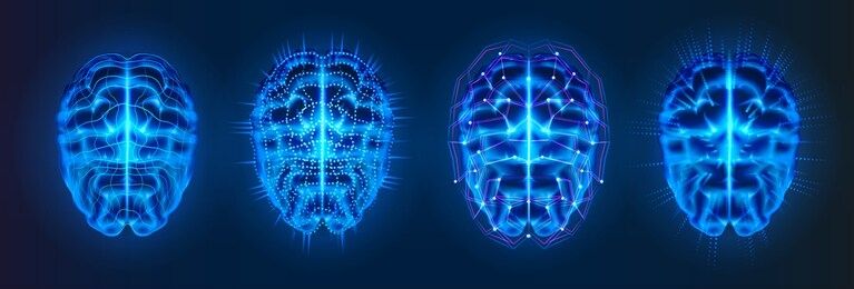 set of isolated blue glowing brains with neural connection lines. ai or artificial intelligence, machine learning or cyber mind logo. bionic human brain or cybermind,cyberbrain.future neuro technology