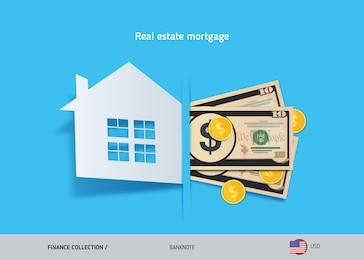 real estate mortgage concept. 10 us dollar banknotes and gold coins. flat style vector illustration.