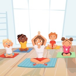 yoga kids group. children making exercises with instructor in gym cartoon background