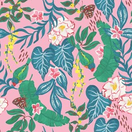 guache painting seamless pattern with abstract tropical flowers, leaves