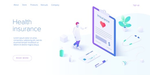 health insurance concept in isometric vector design. male doctor or physician insurer with contract form in clipboard. healthcare or medical plan expenses or finance. web banner layout template.