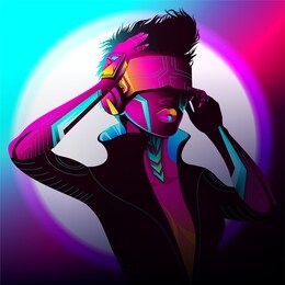 cyberpunk sci-fi poster. colorful vector illustration of beautiful girl wearing virtual reality headset with neon futuristic lights on background. 