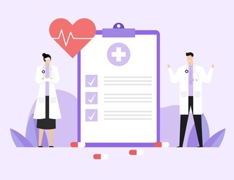 the doctor is reviewing the treatment report,check list on health information,consultation meeting between medical team,flat vector illustration banner 