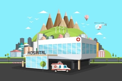 hospital building with city on background, ambulance car and helicopter. vector illustration.