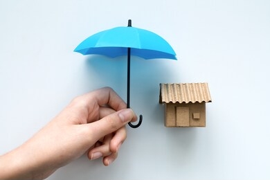 house insurance with a house protected under a blue umbrella as a symbol of residential security from mortgage payment or damage on a white background.