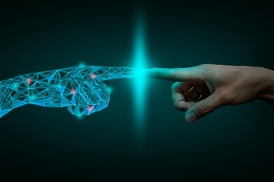 a human hand touching with digital hand, digital transformation  concept