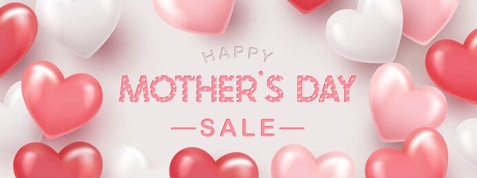 mothers day sale banner or poster design with beautiful 3d hearts. place for your text. trendy holiday sale flyer, social media and fashion ad, promotion flyer background