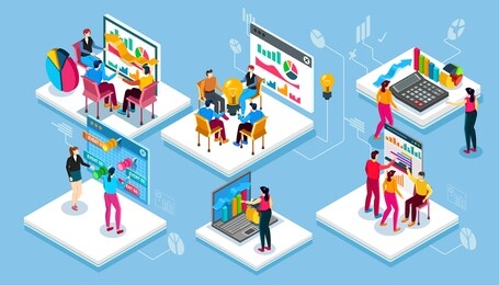 big team. mission, optimization, presentation, consulting and other materials. big creative team work with new creative project, isometric flat vector concept.