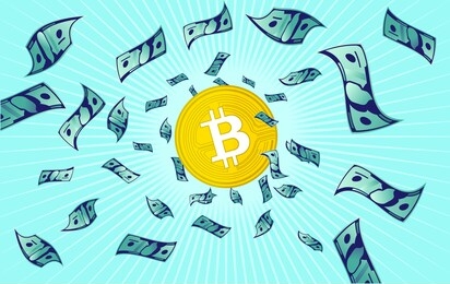 bitcoin value - one bitcoin with money flying around like an explosion. price growth, success and investing concept.