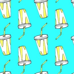 seamless pattern of a cup with a tube drawn marker and liner. fluorescent yellow and the black outline. minimalism concept. print on clothes, packaging, printed products. design in the menu for cafes.