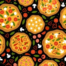 seamless pattern with pizza and ingredients. top view. italian food.