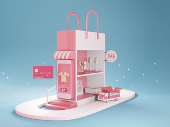 3d render - shopping online shopping on phone shopping bag concept and delivery online with credit card.