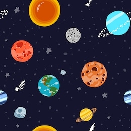 space pattern with planets and stars. cute design for kids fabric and wrapping paper. solar system planets repeated tile. bright childish tile. hand drawn funny space pattern.