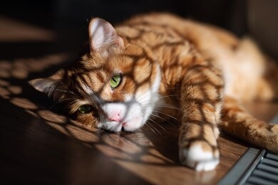 the imposing red cat lies near the window and basks in the sun. ginger cat with bigh bright green eyes. cat resting on the floor