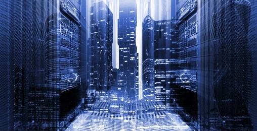 3d render concept of the modern digital world, business buildings of the night metropolis against the background of data center servers. double exposure