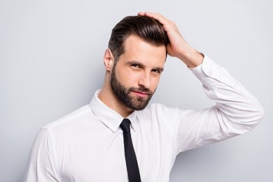 i'm handsome. closeup photo of macho business man touch arm groomed neat hairdo teasing hot tender look wear white office shirt tie isolated grey color background