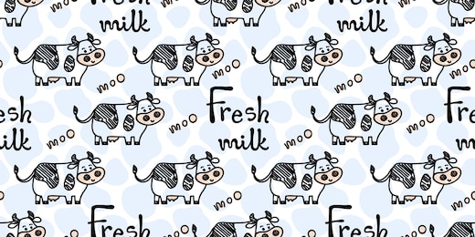 vector smiling standing cow pattern on a spot background with fresh milk and moo lettering. seamless, sketch doodle or marker style with outline. for textile prints, wrapping paper, milk packages etc.