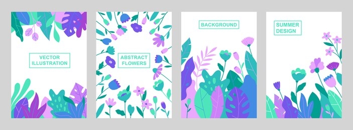 set of vector abstract summer backgrounds with copy space for text. vertical templates for social media stories, event invitations, greeting cards, advertising banners. flower designs in flat style.