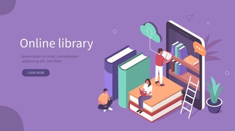 student characters learning online at home. character reading book in online library and studying with smartphone. mobile education concept. flat isometric vector  illustration.