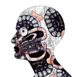  human head with drawings and white background