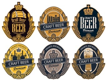 set of six vector labels for craft beer of a private brewery in the form of a coat of arms in retro style. label templates with wheat or barley ears, hops and crown in an oval frame
