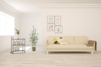 white living room with sofa. scandinavian interior design. 3d illustration