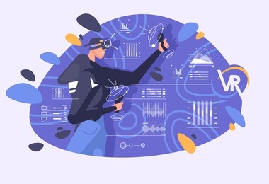 young man using virtual reality glasses and touching vr interface. boy moving objects around using a virtual reality vr headset.