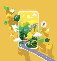 vector parcel and mail delivery service and tracking app illustration, smartphone with yellow delivery truck or van on the highway, road from factory to customer home. supply chain