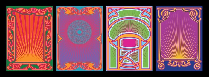 art nouveau frames and decor, psychedelic color music poster, cover templates 1960s, 1970s style 