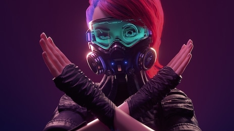 3d illustration of cyberpunk girl with short red hair wearing futuristic gas mask with protective green glasses and filters in leather jacket with crossed hands, gesturing stop, warning of danger.
