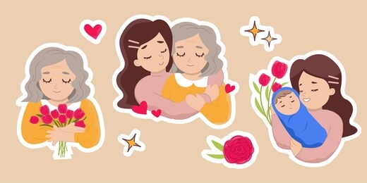 stickers set for mother's day. old lady holding a bouquet of flower, daughter hugging her mom, a woman with her baby. flat style design vector.