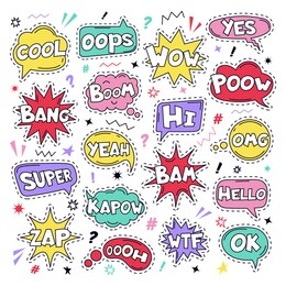 text patch stickers. speech comic funny text patches, cool, bang and wow doodle comical speech clouds, thinking bubbles and comics words  illustration icon set. oops, yes and ok, wtf signs