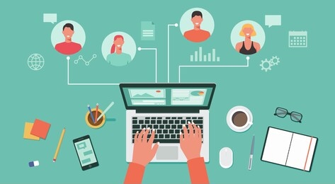 people connecting and working online together on laptop computer, remote working, work from home and work from anywhere concept, flat vector illustration