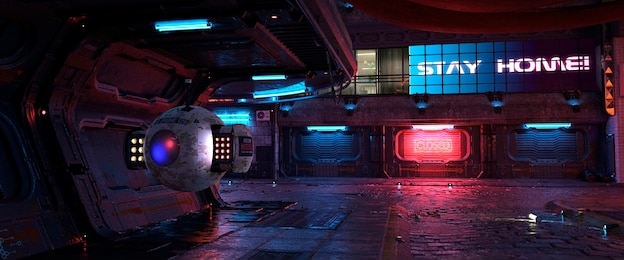 neon urban future. cyberpunk city. photorealistic 3d illustration of the futuristic city. huge billboard with text "stay home!". empty street with multicolored neon lights.