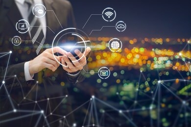 internet of things iot smart futuristic businessman using mobile phone for information communication technology ict concept, wireless data transmission connection transfers and cloud data storage